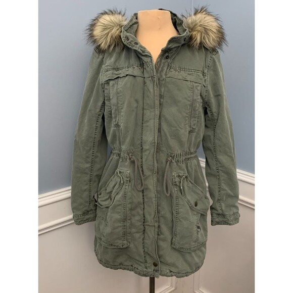 American Eagle Coat Womens M Barn Chore Military Hooded Anorak Parka Faux Fur - Picture 1 of 14